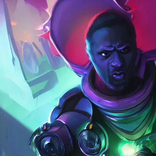 Image similar to a stylized portrait of a powerful black man with green eyes as an angry scientist, stylized, arcane magic, blue and purple vapor, neon color, vivid color, lens flare, volumetric light from below, kang the conqueror, background by justin gerard, hyperdetailed concept art by Ross Tran and Greg Rutkowski, high quality DnD illustration, trending on ArtStationHQ, 8k