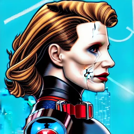 Image similar to a profile photo of a jessica chastain woman with a diving oxygen mask with side profile blood in ocean intricate details by MARVEL comics and Sandra Chevrier-C