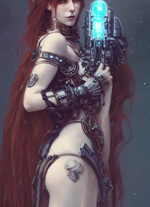 Prompt: portrait of beautiful pale gothic maiden, warhammer 40000, cyberpunk, intricate, elegant, highly detailed, digital painting, artstation, concept art, smooth, sharp focus, illustration, art by artgerm and greg rutkowski and alphonse mucha and Gustav Klimt and Ilya Kuvshinov and WLOP