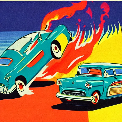 Prompt: detailed cheerful color 1950s illustration of a car on fire