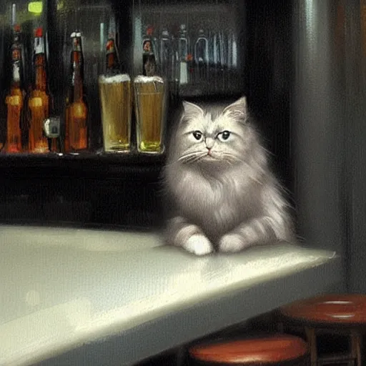 Image similar to of a british longhair cat sitting at the bar next to a beer, by greg rutkowski