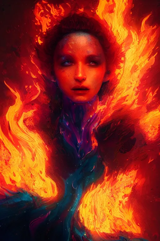 Image similar to a beautiful portrait of a goddess women engulfed in deep colourful flames by Greg Rutkowski, Sung Choi, Mitchell Mohrhauser, Maciej Kuciara, Johnson Ting, Maxim Verehin, Peter Konig, Bloodborne , 8k photorealistic, cinematic lighting, HD, high details, atmospheric , trending on artstation