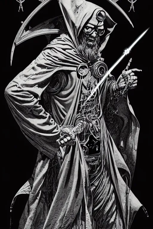 Prompt: side view of a cloaked ancient alchemist steampunk wizard holding a wand, high details, lineart, by vincent di fate and joe fenton,, inking, screen print, masterpiece, trending on artstation, sharp, high contrast, hyper - detailed, hd, 4 k, 8 k