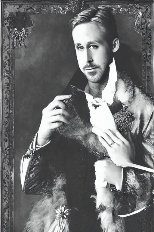 Prompt: Beautiful portrait of a Ryan Gosling dressed as a king of wonderland kingdom in a medieval castle portrait, full body, in style of László Moholy-Nagy
