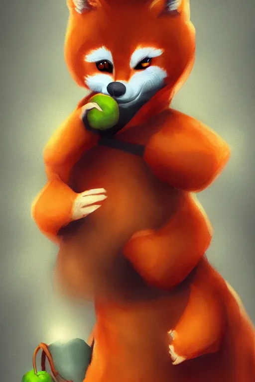 Image similar to small ginger Fox dressed like a hooded rogue, holding an apple, digital art, trending on artstation, stacy boisvert