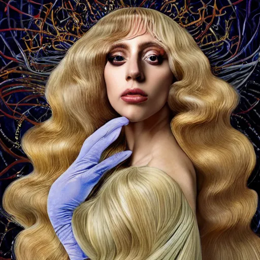 Image similar to photo realistic, hyper realism, lady gaga artpop act ii album, intricate detail, hyper detail, sandro botticelli style, with honey light brown rapunzel hair, detailed, masterpiece, sharp focus,