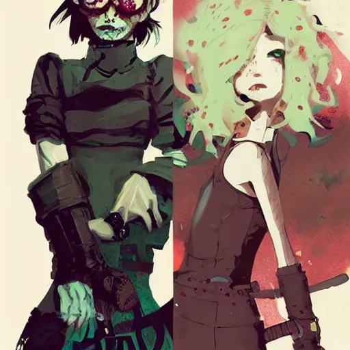 Prompt: Highly detailed portrait of a punk zombie young lady with freckles and shades and blonde wavy hair by Atey Ghailan, by Loish, by Bryan Lee O'Malley, by Cliff Chiang, by Goro Fujita, by Greg Tocchini, inspired by ((image comics)), inspired by nier:automata, inspired by graphic novel cover art !!!cyan, brown, black, yellow and white color scheme ((grafitti tag brick wall background))