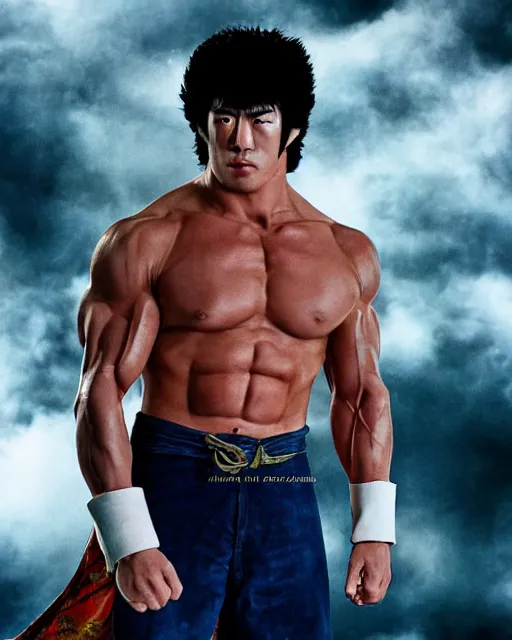Image similar to Photograph of handsome muscular Japanese actor dressed as Kenshiro from fist of the North Star, photorealistic, photographed in the style of Annie Leibovitz