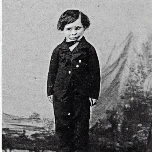 Prompt: old photo from the 1800s, evil smiling child