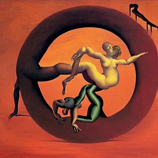 Image similar to optical illusion painting of a couple dancing in a worm hole, illusionism, mind blow, by michelangelo and salvador dali, detailed