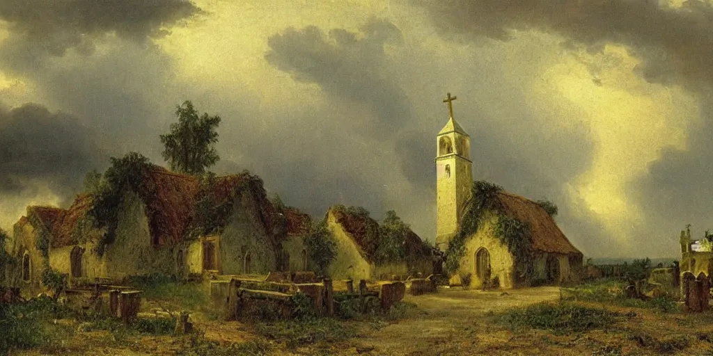 Image similar to a church in a village during a thunderstorm, cozy, by george henry durrie