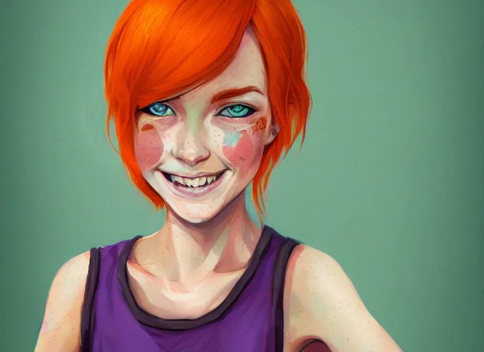 Image similar to portrait of a beautiful smiling girl with orange hair and freckles, green eyes, highly detailed, digital painting, style by Gretel Lusky, artstation, concept art, smooth, sharp, focus, illustration. background is purple