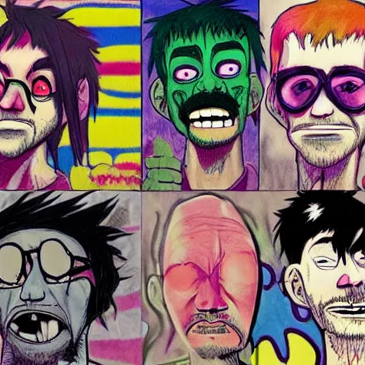Image similar to the band members of linkin park drawn colorfully in the style of the gorillaz by jamie hewlett