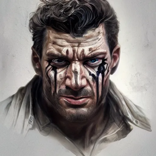 Image similar to portrait of sad frank castle the punisher, bruised, face paint, intricate, elegant, highly detailed, centered, grungy, digital painting, artstation, concept art, smooth, sharp focus, illustration, artgerm, artstation, boris vallejo