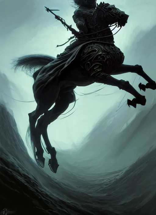 Image similar to concept art by artgerm, pestilence of the four horsemen of the apocalypse, soft green natural light, intricate, hooded death riding a horse, highly detailed dark art, digital painting, artstation, concept art, smooth, sharp focus, illustration, art by greg rutkowski and luis rollo and uang guangjian and gil elvgren, symmetry!