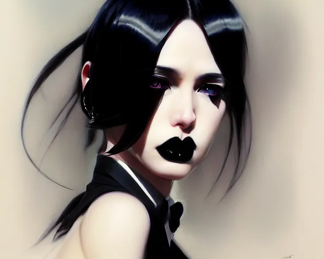 Image similar to a ultradetailed beautiful portrait panting of a stylish goth woman, wearing a shirt with a tie, dramatic, she has black hair, she is distressed, by hajime sorayama, greg rutkowski and makoto shinkai, trending on artstation