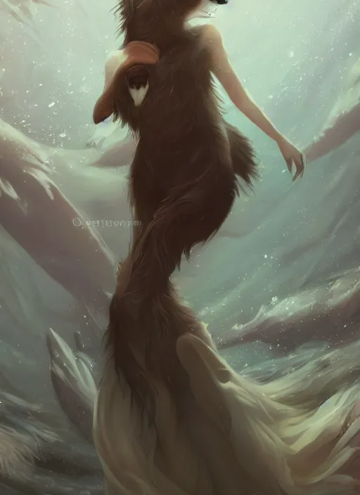 Image similar to beautiful wide angle full body portrait of a cute male anthropomorphic anthro border collie fursona wearing an evening gown underwater, character design by charlie bowater, henry asencio, and ross tran, scenic background, detailed, glamor pose, aesthetic, furry, trending on artstation, furaffinity, deviantart