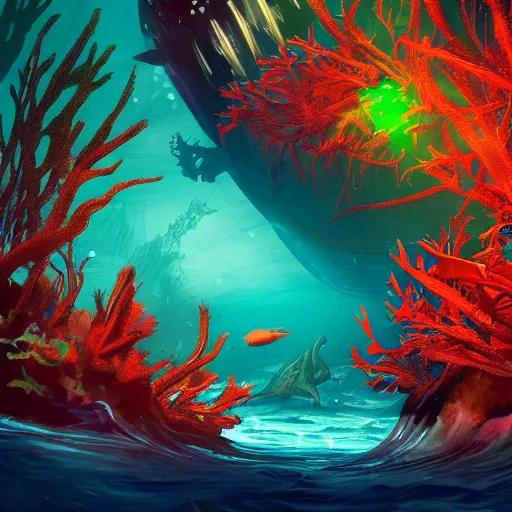 Prompt: underwater view of a strange alien world, some washed out red and green plant life, giant leviathan swimming far in the background, deep blue sea color, artstation