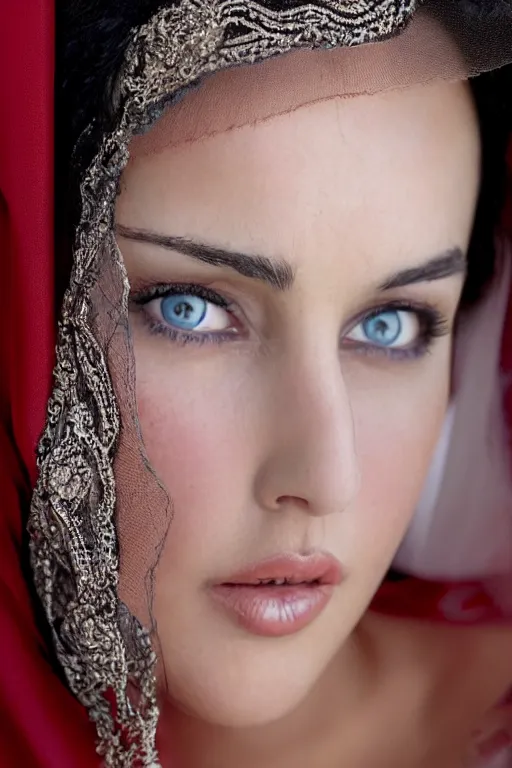 Image similar to young arab Monica Bellucci, blue eyes, long wavy black hair, white veil, closeup, focus, colored, middle eastern