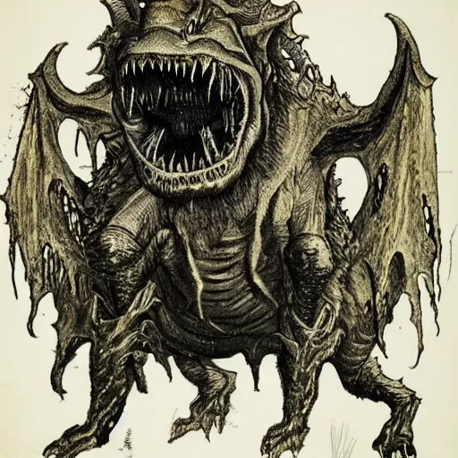 Image similar to horror, highly detailed photography, wide shot, mutated goat monster demon with huge mouth open to reveal filthy crocodile - like teeth, matted fur, in muddy medieval village, howling, screeching