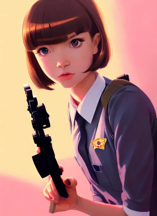 Image similar to movie, full body, cute, female, a pretty alluring girl wearing a school uniform and holding a sniper rifle, symmetry face, photoreal, realistic shaded lighting poster by ilya kuvshinov, katsuhiro otomo, kidmo!!!, trending on artstation, magali villeneuve, artgerm, jeremy lipkin and michael garmash