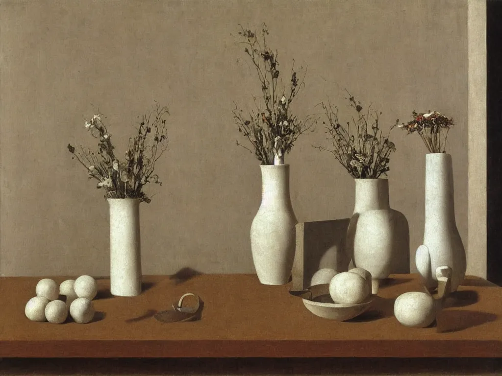 Prompt: Still life with architectural model, white vase, ceramic pot, dried flower, sculpture by Brancusi. Painting by Zurbaran, Hammershoi, Morandi, Escher
