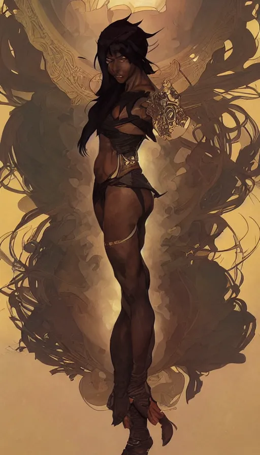 Image similar to yoruichi shihouin by artgerm, greg rutkowski and alphonse mucha, concept art, matte, intricate, full body, epic composition