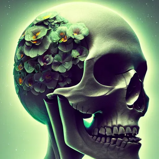 Image similar to beautiful dark landscape, justin sun skull head, beautiful flowers growing, in the style of beeple and mike winkelmann, intricate, epic lighting, cinematic composition, hyper realistic, 8 k resolution, unreal engine 5, raytracing, reflections, ultraviolet colors