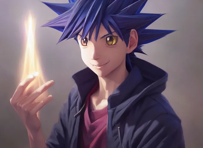 Image similar to highly detailed portrait of yugi moto, in pokemon, stephen bliss, 8 k, unreal engine, fantasy art by greg rutkowski, loish, rhads, ferdinand knab, makoto shinkai and lois van baarle, ilya kuvshinov, rossdraws, tom bagshaw, global illumination, radiant light, detailed and intricate environment