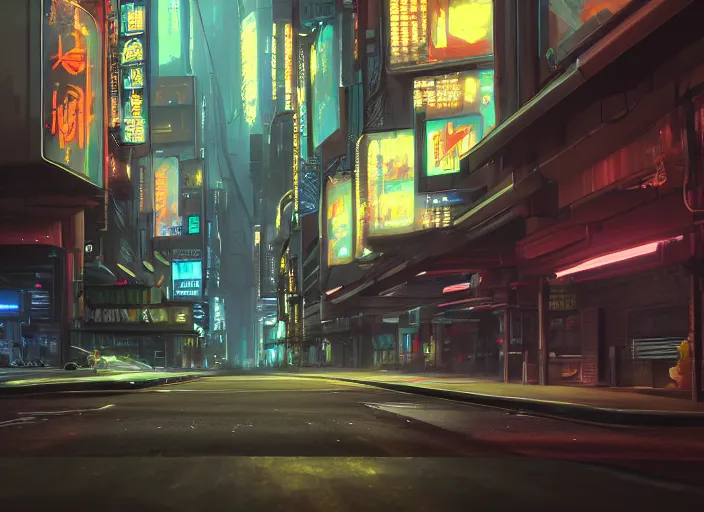 Prompt: a digital painting of a city street at night, cyberpunk art by makoto shinkai, tumblr, photorealism, matte painting, rendered in unreal engine, rendered in cinema 4 d