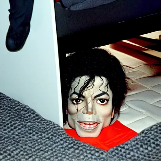 Image similar to michael jackson hidding under a bed