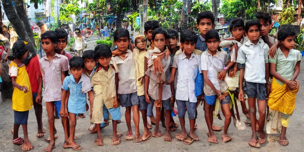 Image similar to sri lankan kids in colombo sri lanka city, drawn by hayao miyazaki