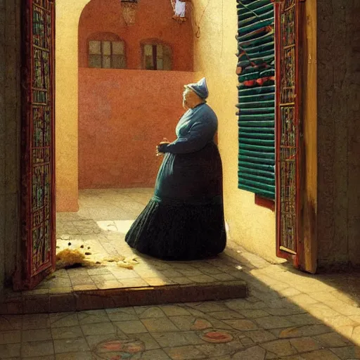 Prompt: a sweet fat old happy woman with a cat on her head. an artistic and poetic scene. jean - leon gerome, orientalism, academicism, angel, beautiful, highly detailed, color harmony, octane render, ornate, paul klee, flowers, window, zbrush, realism, darkness, alchemical, style of moebius