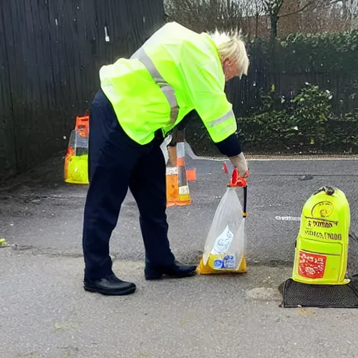 Image similar to An oil painting of Boris Johnson doing community service in a high vis vest, he is picking litter on a British street