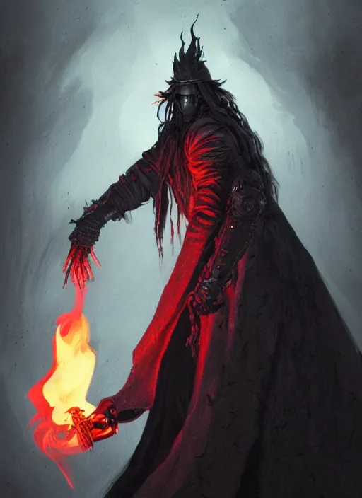 Prompt: a medium shot of a male necromancer with long black hair that covers his eyes wearing a red victorian era coat, backlighting, blue hour, ominous, holding green fire, lit from below with red lighting, high contrast, highly detailed, sharp focus, digital painting, concept art, illustration, trending on artstation, Bloodborne art, art by greg rutkowski + greg hildebrandt + alphonse mucha