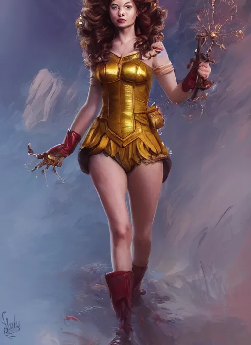 Prompt: beautiful female dorothy gale, rebecca romijn as dorothy, full body character concept, full steel armor, super powers, fantasy, intricate, elegant, highly detailed, digital painting, artstation, concept art, shining, sharp focus, illustration, art by stanley lau