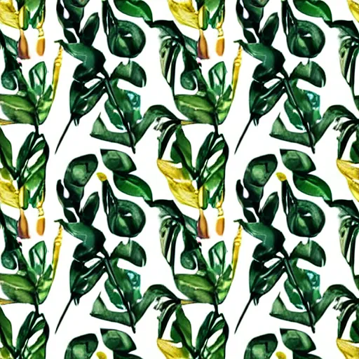 Image similar to repeating pattern seamless. watercolor. tropical palm leaves, warm light, gold and green, hyperrealistic, minimalistic, stylized