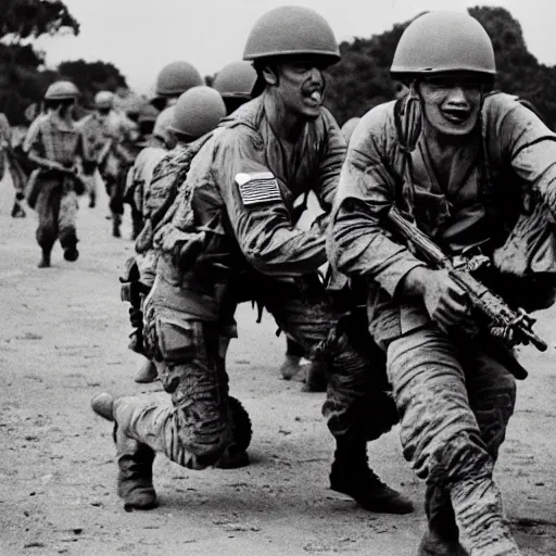 Image similar to t rex fighting alongside us soldiers in the vietnam war, black and white, eddie adams, david burnett, robert capa, al chang, niel davis, marc riboud