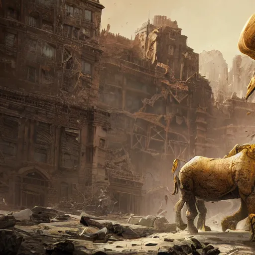 Prompt: golden mammoth in a ruined city, stylized, artstation, hd, cgsociety, cgi, realistic, dramatic, cinematic, artistic, trending, detailed