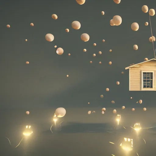 Prompt: a foating house in mid air held by ballons, dept of field, cinematic, volumetric lightening, octane render