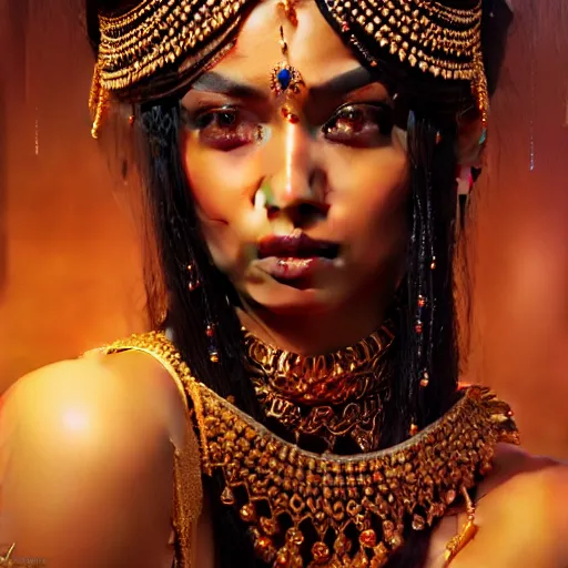 Prompt: expressive oil painting, of alluring indian princess, smooth glowing skin, oiled body, pretty eyes, love, adoration, ornate headpiece of black beads, tattoo, glamour shot, by yoshitaka amano, by greg rutkowski, by jeremyg lipkinng, by artgerm, digital art, octane render