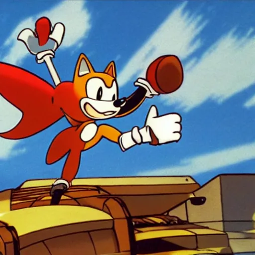 Image similar to a hanna barbera cartoon drawing of miles tails prower from sonic the hedgehog flying in the air