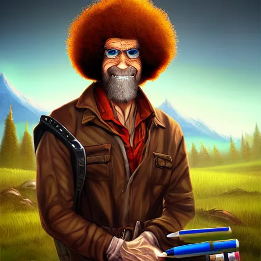 Image similar to cyborg bob ross by vitorugo, by mateus 9 5, realistic background, highly detailed, concept art, smooth, sharp focus, illustration of