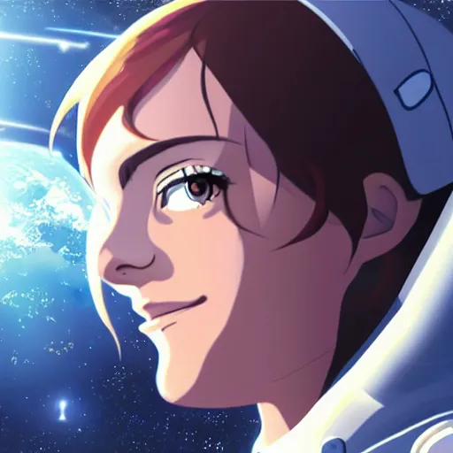 Prompt: emma watson as an astronaut by makoto shinkai