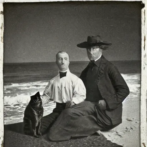 Prompt: a gay couple on the beach with a cat, vintage, 1 8 0 0 s