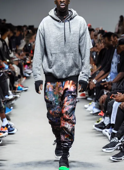 Image similar to hyperrealistic and heavy detailed nike runway show of travis scott, leica sl 2 5 0 mm, vivid color, high quality, high textured, real life