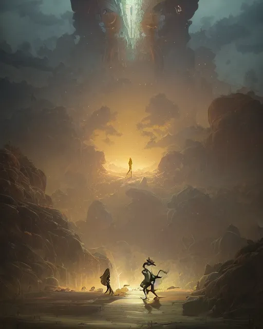 Image similar to david and goliath by peter mohrbacher and dan mumford and nekro, cgsociety, volumetric light, 3 d render