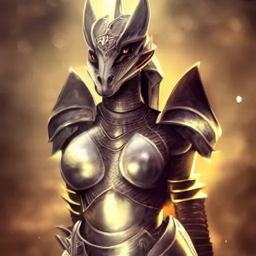Prompt: stunning cinematic elegant body shot with an upward angle, of a beautiful female knight, but as a hot anthropomorphic female dragon, well designed highly detailed cute female dragon head with slick eyes, looking at the camera with a smirk, well armored, detailed claws, high quality, HD octane render, fantasy, furry art, Artstation, Deviantart, Furaffinity