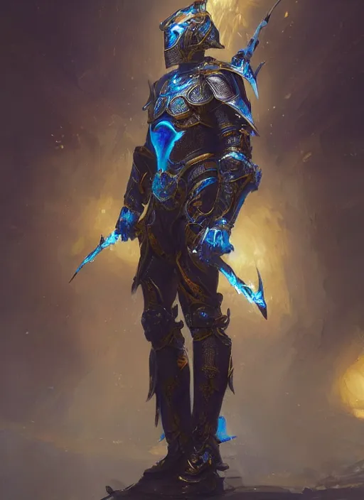 Image similar to a knight in amazing fantasy armor that glows, bursting with blue light, sleek, lightweight but imposing, light glowing from the seams. intricate and ornate. concept art from artstation. beautiful highly detailed fantasy painting by greg rutkowski