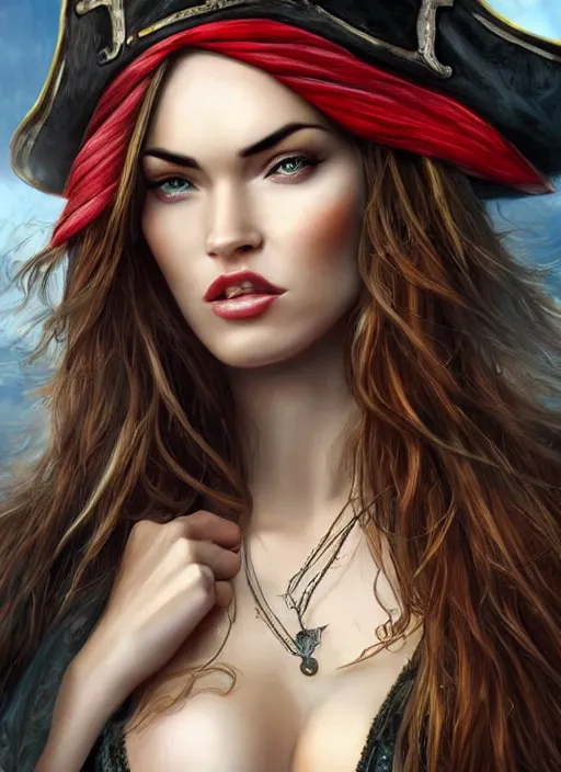 Image similar to megan fox pirate clothes, 8 k, sensual, hyperrealistic, hyperdetailed, beautiful face, long ginger hair windy, dark fantasy, fantasy portrait by laura sava